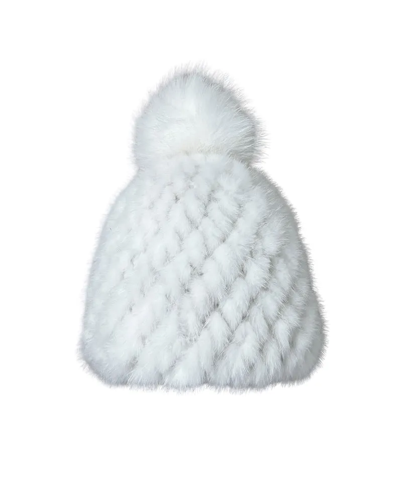 The Knit Mink Fur Hat with Fox Pom in Multiple Colors