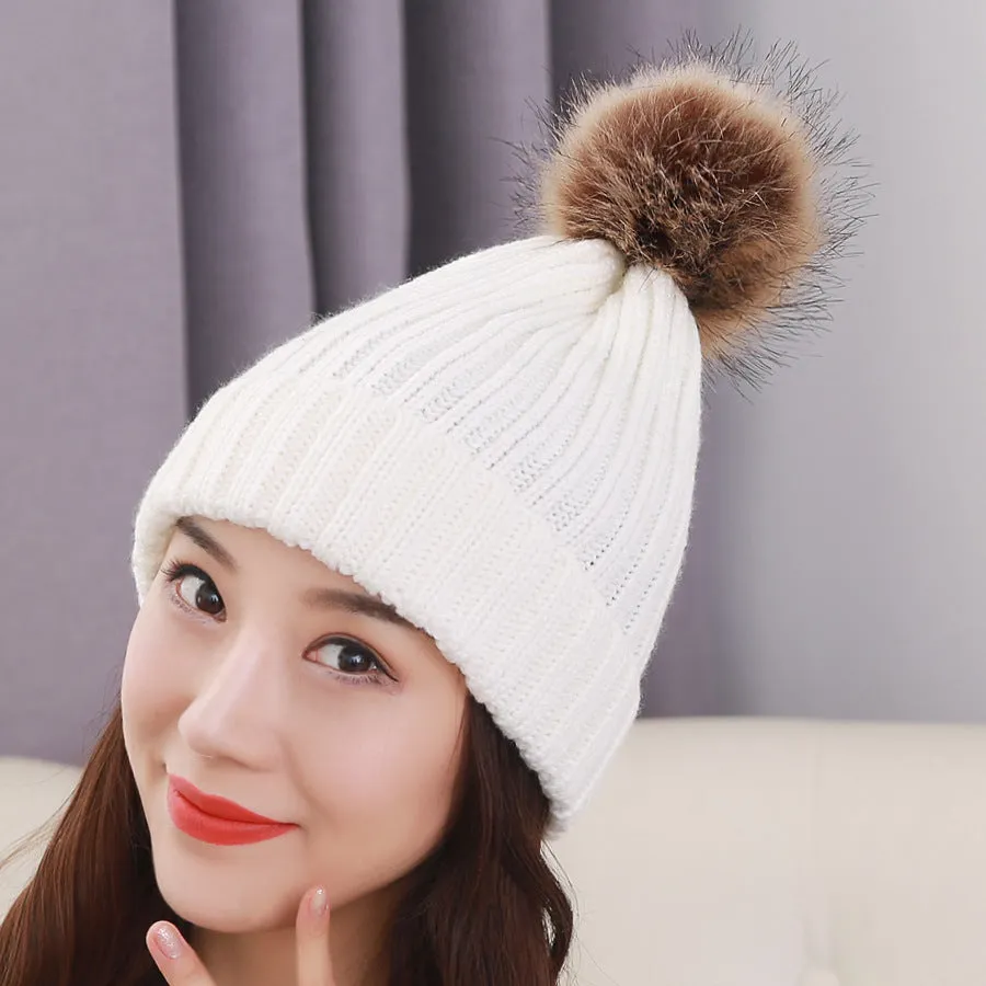 Warm Winter Knit Beanie Hats Autumn  Wool Solid Color Fur Ball European and American Thickened Unisex