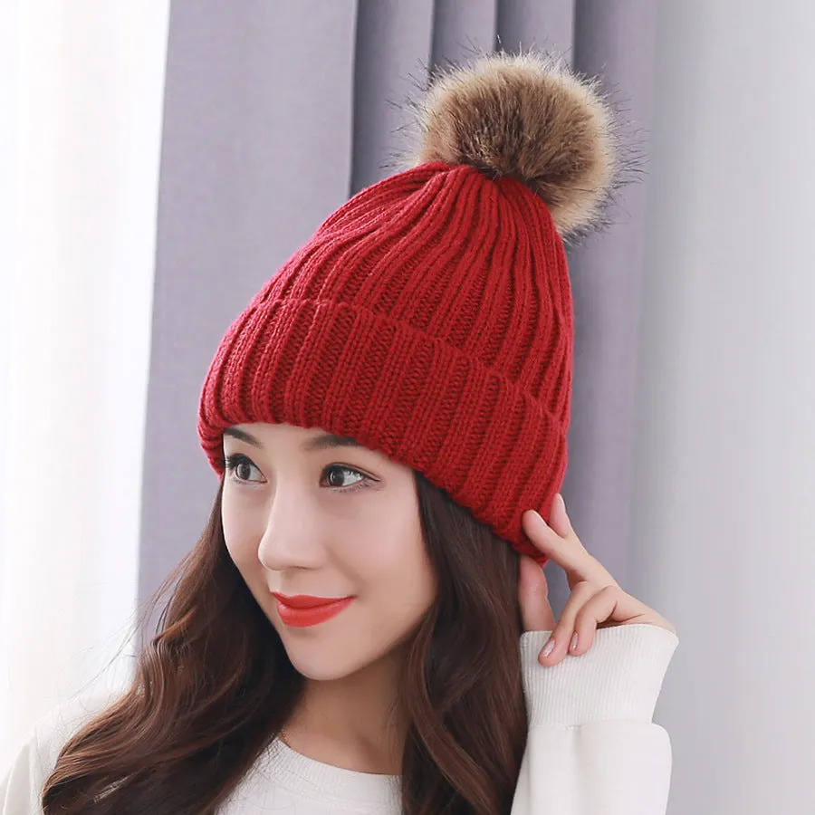 Warm Winter Knit Beanie Hats Autumn  Wool Solid Color Fur Ball European and American Thickened Unisex