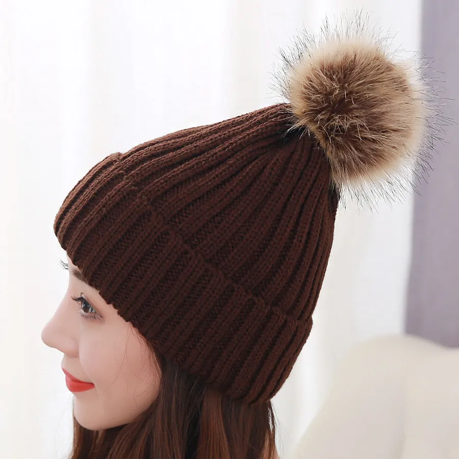 Warm Winter Knit Beanie Hats Autumn  Wool Solid Color Fur Ball European and American Thickened Unisex