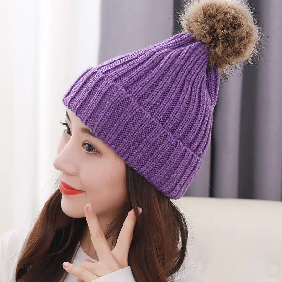 Warm Winter Knit Beanie Hats Autumn  Wool Solid Color Fur Ball European and American Thickened Unisex