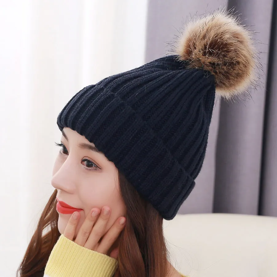 Warm Winter Knit Beanie Hats Autumn  Wool Solid Color Fur Ball European and American Thickened Unisex