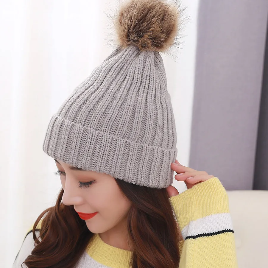 Warm Winter Knit Beanie Hats Autumn  Wool Solid Color Fur Ball European and American Thickened Unisex
