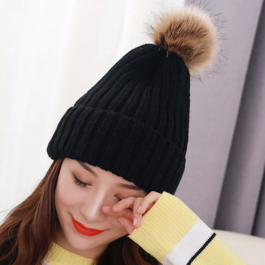 Warm Winter Knit Beanie Hats Autumn  Wool Solid Color Fur Ball European and American Thickened Unisex