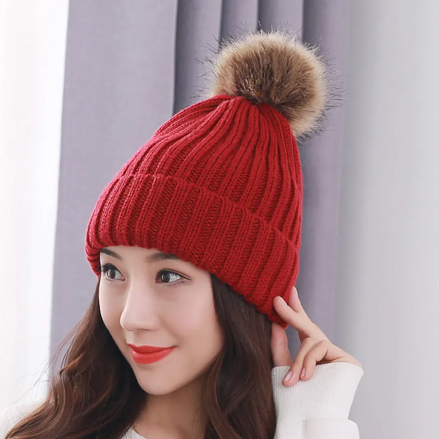 Warm Winter Knit Beanie Hats Autumn  Wool Solid Color Fur Ball European and American Thickened Unisex