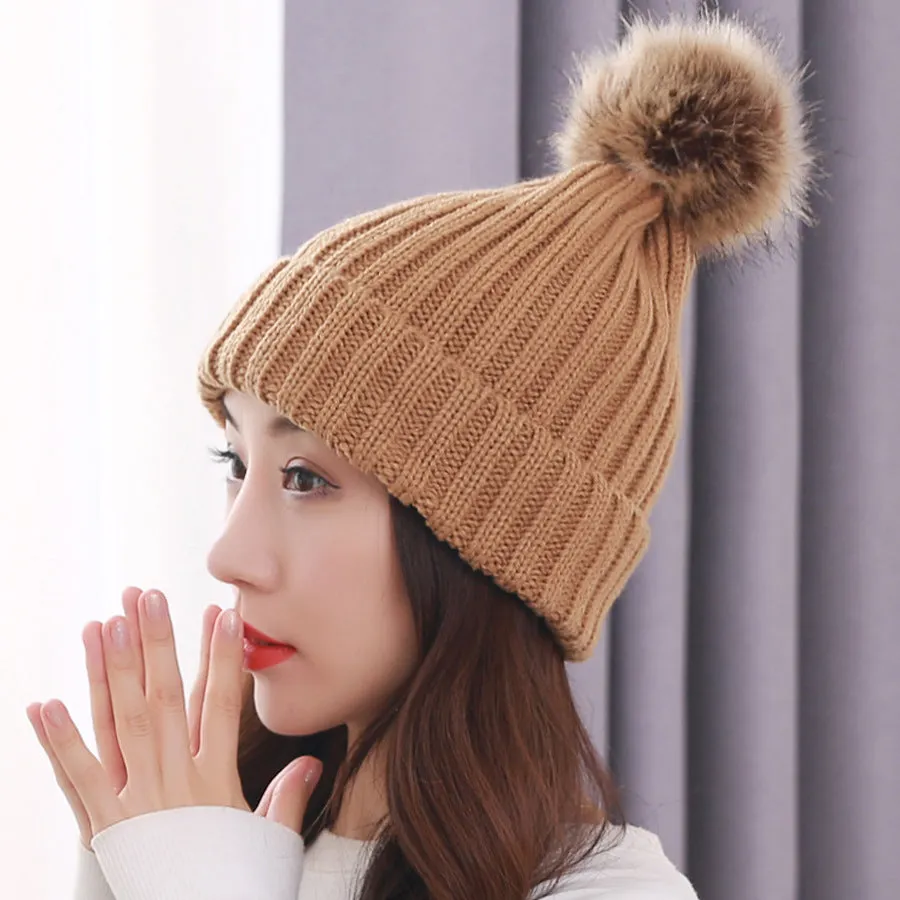Warm Winter Knit Beanie Hats Autumn  Wool Solid Color Fur Ball European and American Thickened Unisex