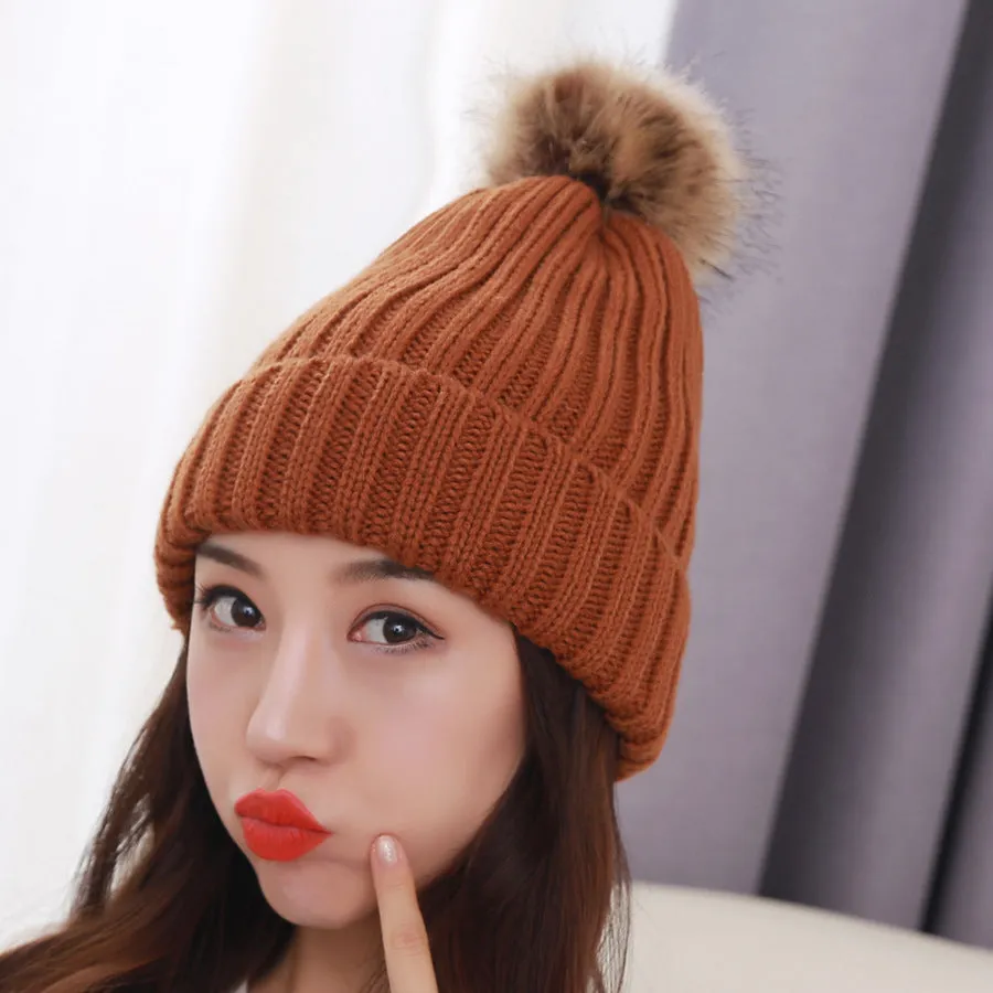 Warm Winter Knit Beanie Hats Autumn  Wool Solid Color Fur Ball European and American Thickened Unisex