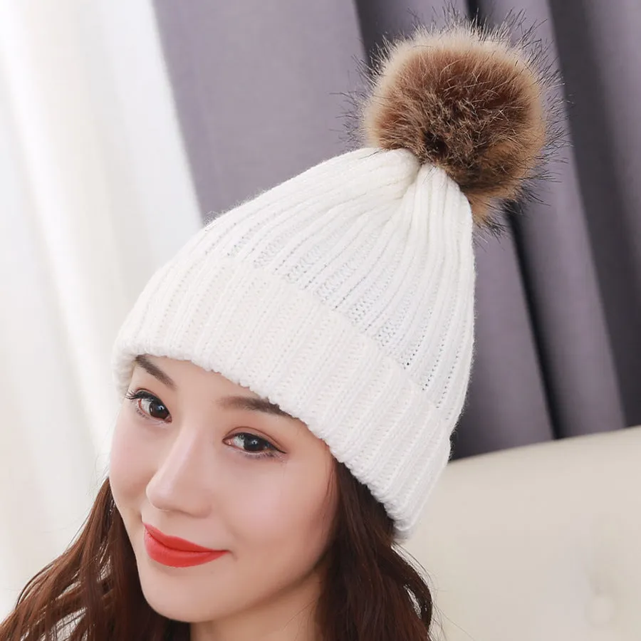 Warm Winter Knit Beanie Hats Autumn  Wool Solid Color Fur Ball European and American Thickened Unisex