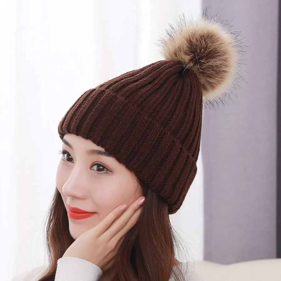 Warm Winter Knit Beanie Hats Autumn  Wool Solid Color Fur Ball European and American Thickened Unisex