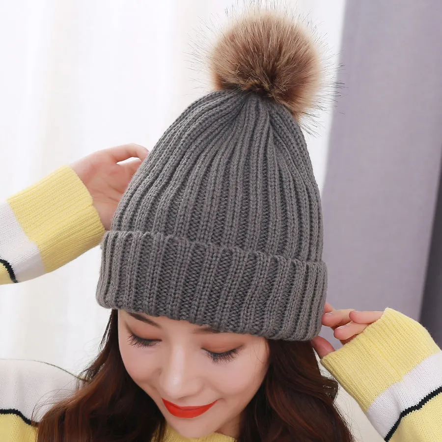 Warm Winter Knit Beanie Hats Autumn  Wool Solid Color Fur Ball European and American Thickened Unisex