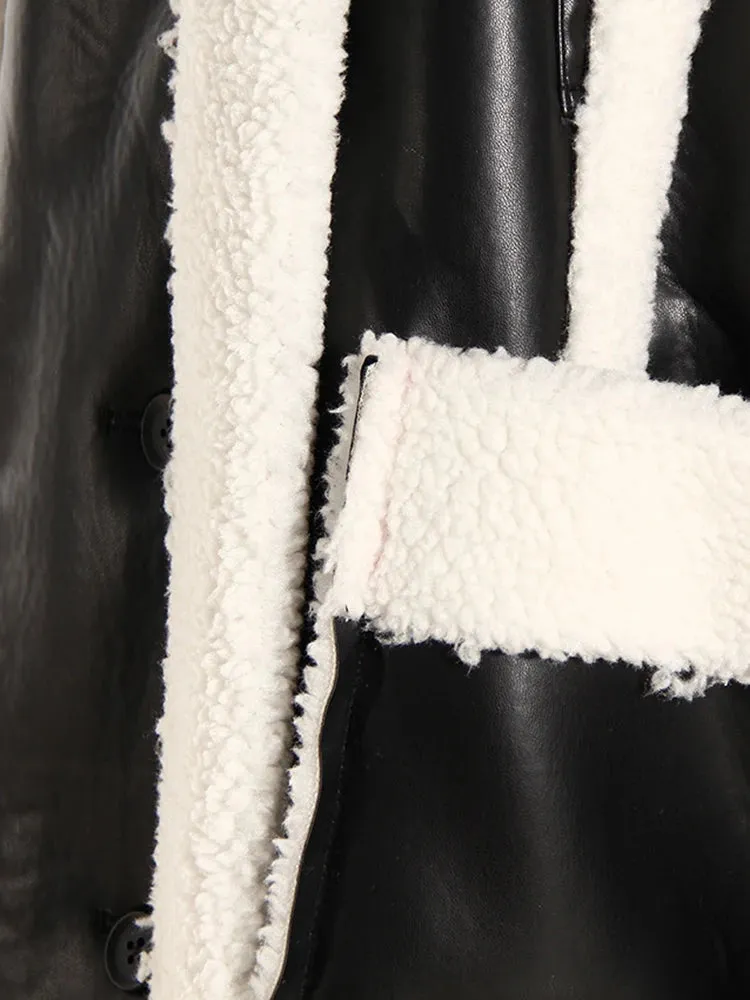 Women's PU Leather Jacket - Fur-Integrated Stand Collar Overcoat, Winter 2024 Fashion, Thick & Warm, Contrast Color Design