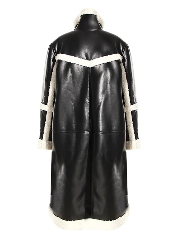 Women's PU Leather Jacket - Fur-Integrated Stand Collar Overcoat, Winter 2024 Fashion, Thick & Warm, Contrast Color Design