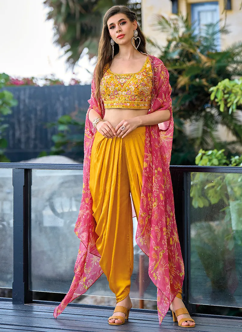 Yellow Multi Embroidered Cape Style Co-Ord Dhoti Set