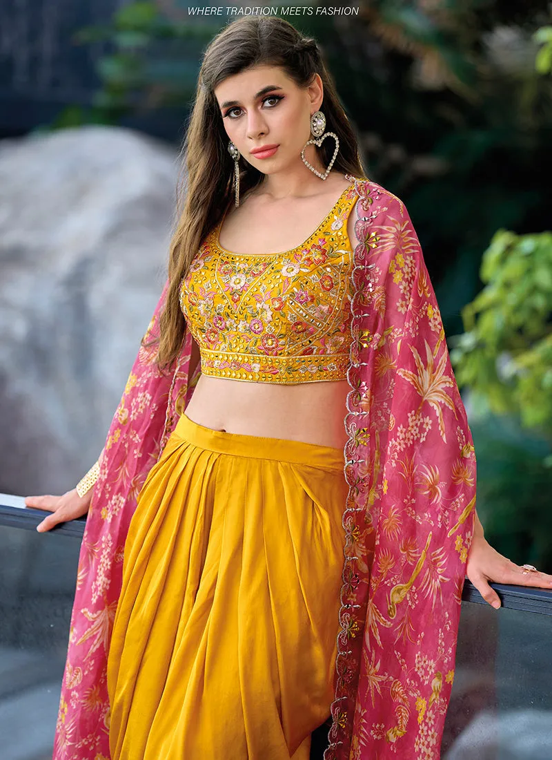 Yellow Multi Embroidered Cape Style Co-Ord Dhoti Set
